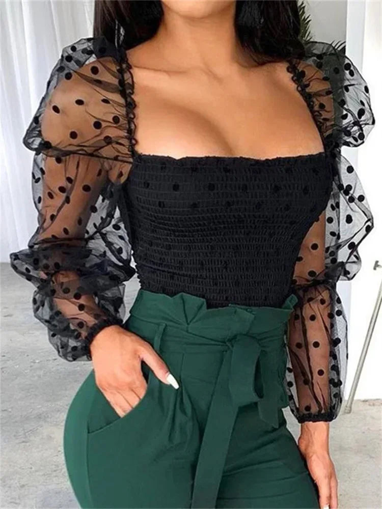 Mesh Puff Long Sleeve Square Neck Crop Top Summer Fall Sexy Blouse .