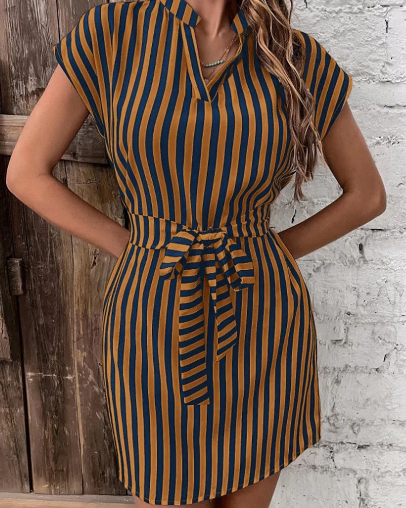 Summer New Striped Print Dress For Women 2025 Fashion V-neck Elegant Office Lady Slim Dress.  S-2X