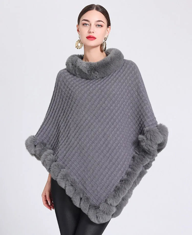 Fashion Plaid Striped Faux Fur Pullover Women Autumn Winter Knit Poncho