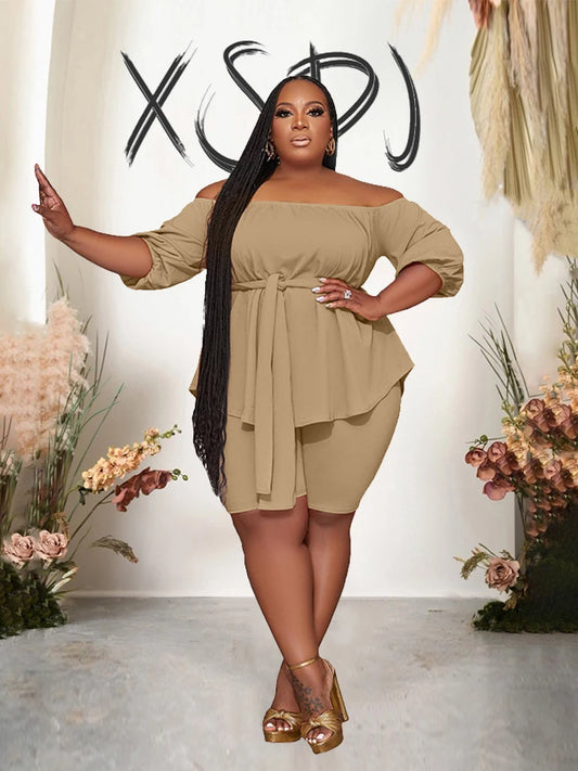 Curvy Woman Elegant Spring Summer Off The Shoulder Top and Shorts.