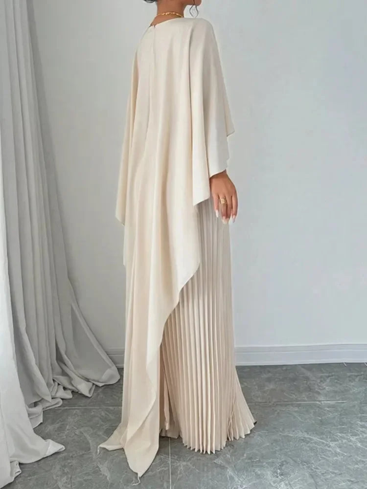 New Female Stylish High-Low Party Evening Maxi Dress Spring Autumn Cape Sleeves Solid Color Pleated Long Dress.  S-2X