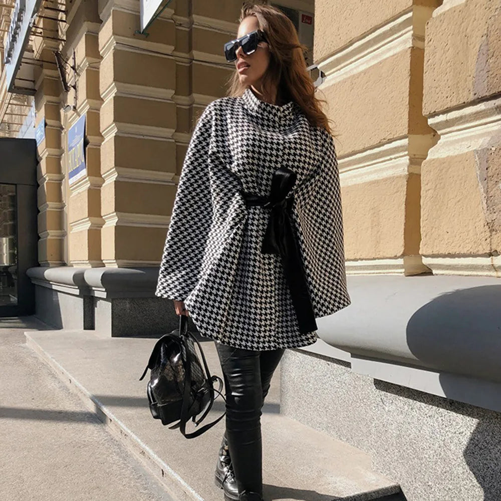 Coat Fashion Hounds tooth Print Half-high Collar Lace Up Bat Wing Elegant Women's Clothing.  One -Size