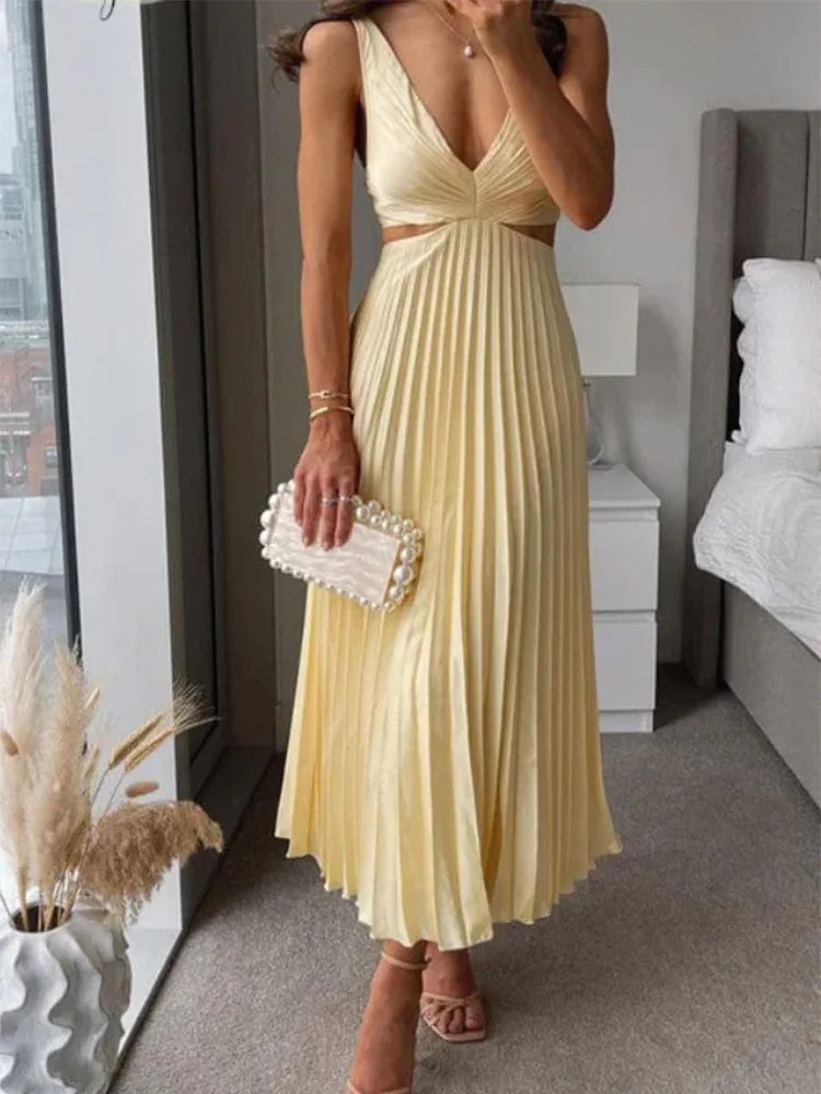 Elegant Long Summer V-neck Sleeveless Hollow Out Backless Sexy Dress .  S-xxL