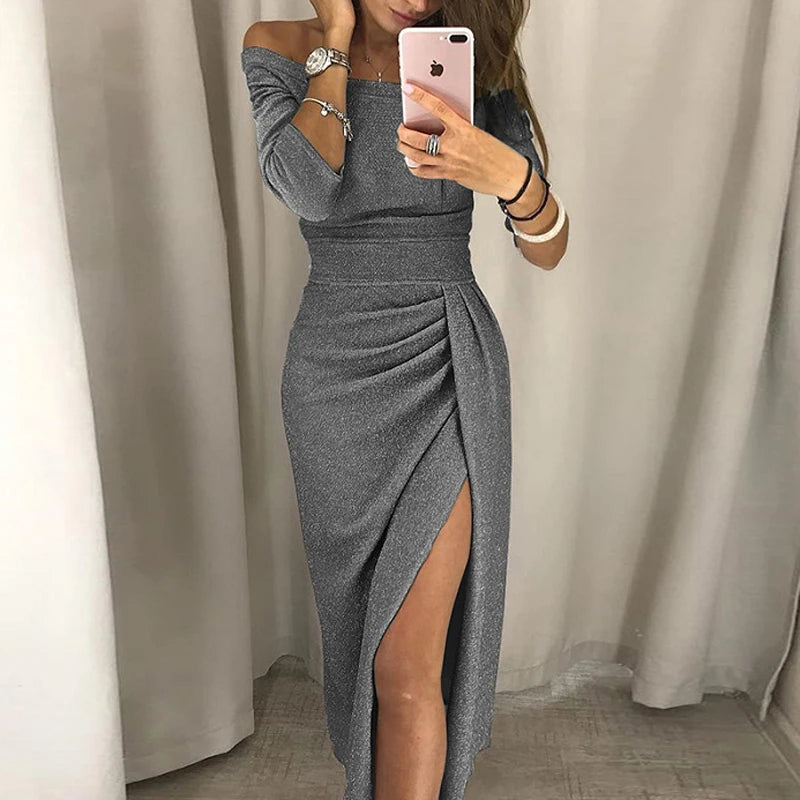 Women's High Waist Bodycon Dress, Vintage Bling Sexy Off Shoulder, Shiny Slit Party Dress.  S-2x