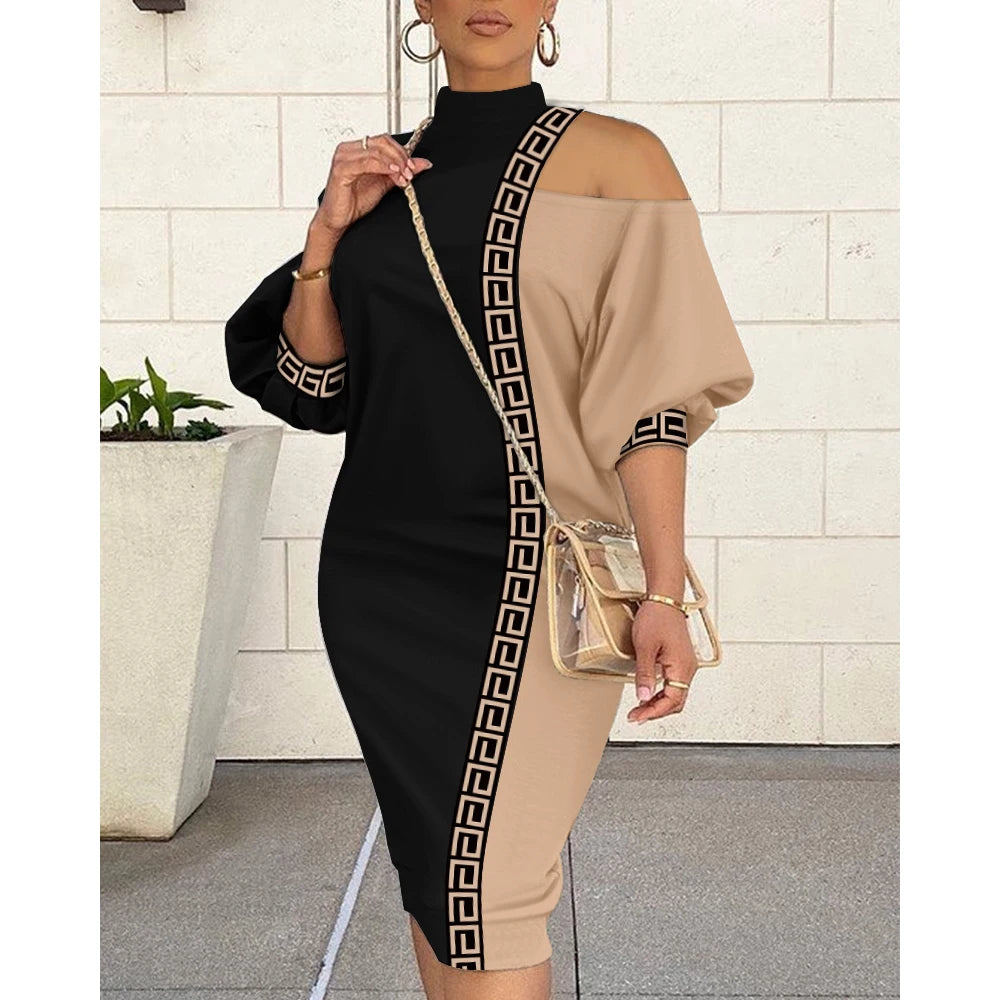 Sexy Cold Shoulder Lantern Sleeve Loose 2025 Summer Women Half Sleeve Cutout Colour-block Midi Dress.. S-XL