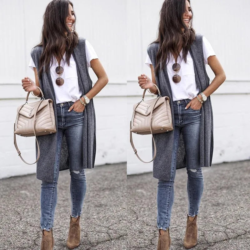 Fashion Women's Casual Knitwear Sleeveless Trendy Long Vest Jacket.  S-XL