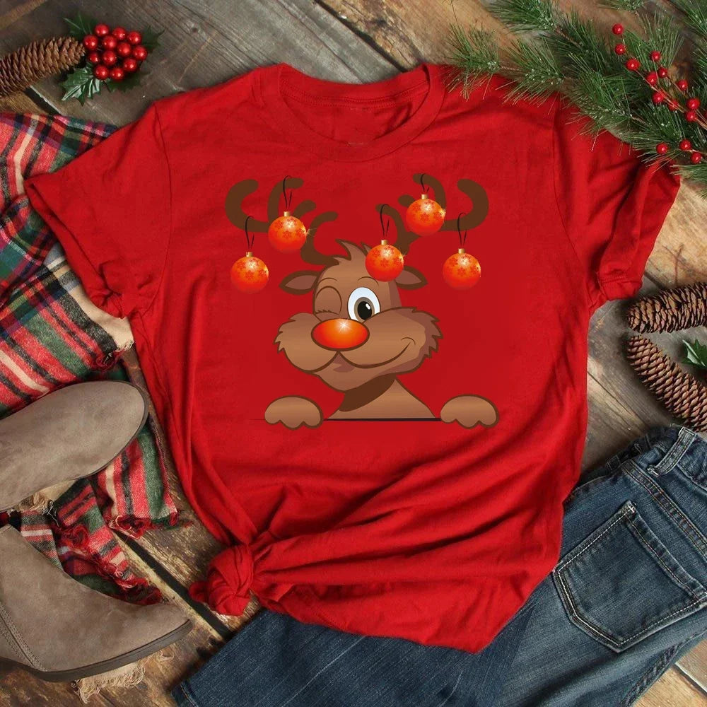 Women's Kawaii Christmas Top - Santa Claus & Deer O-Neck Y2K T-Shirt.  S-3X