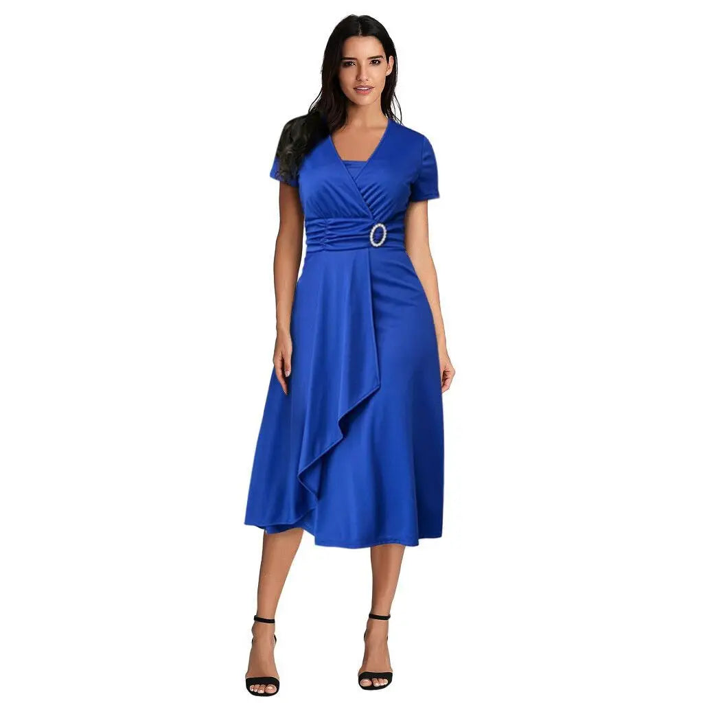 Elegant Women Solid Color Short Sleeve V Neck Asymmetric Hem Waist Tight Midi Party .  S-2X