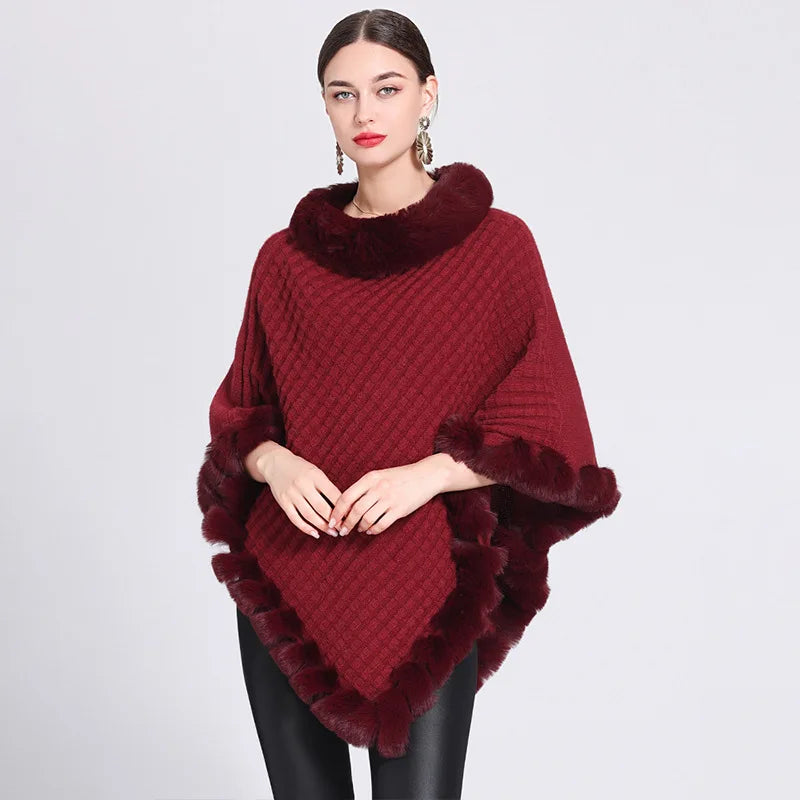 Fashion Plaid Striped Faux Fur Pullover Women Autumn Winter Knit Poncho