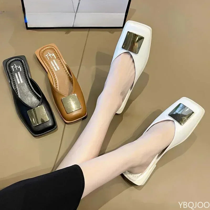 Women Fashion Metal Buckle Mules Flat Heels Square Toe Shallow Slides.