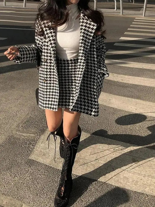 Autumn Winter Plaid Woolen Ladies 2 Piece Set Long Sleeve Suit Coat And High Waist A-line Mini Skirt Outfit