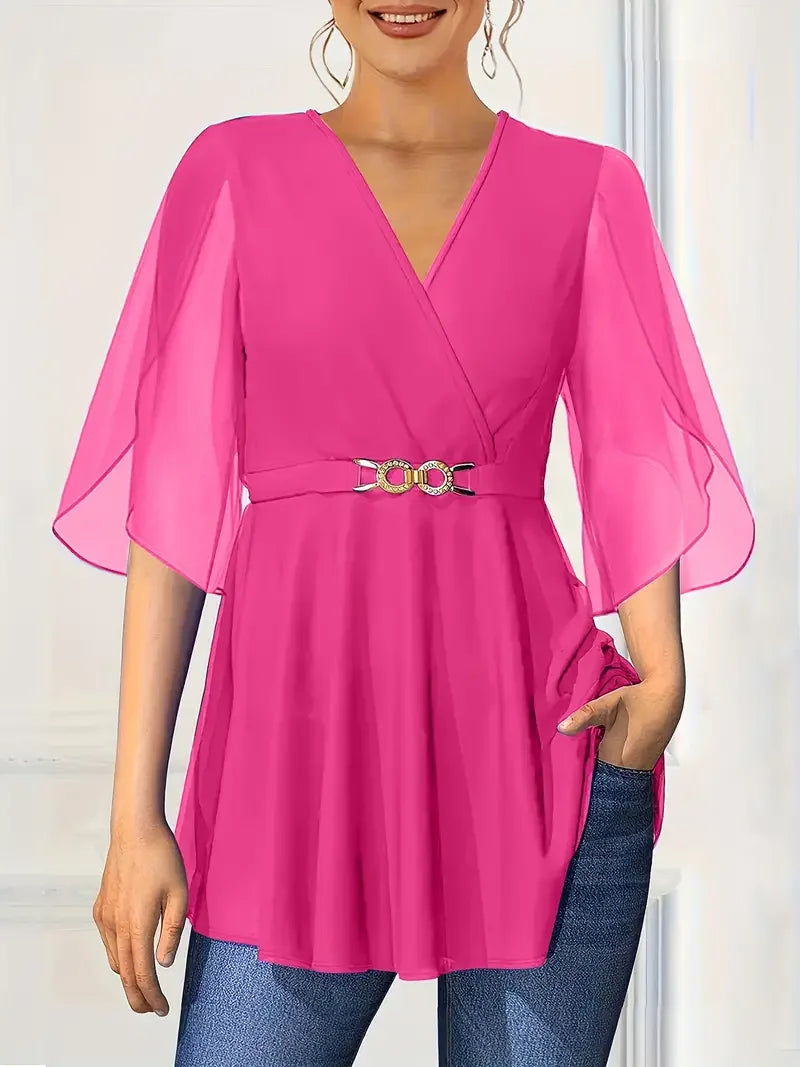 Flare Sleeve Chiffon V-neck Waist Cinched Short Sleeve Casual Blouse.