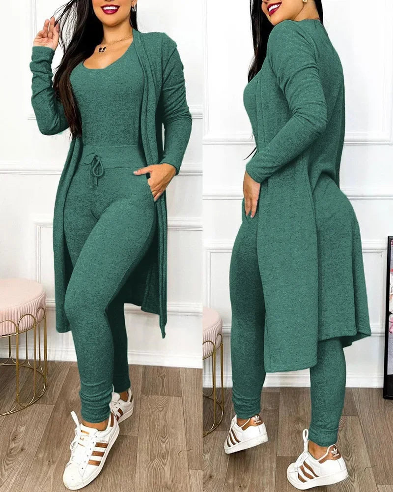 Drawstring Pocket Design Jumpsuit & Coat Set Solid Colour  Slim Fit Pencil Pants Fashion.  S-2X