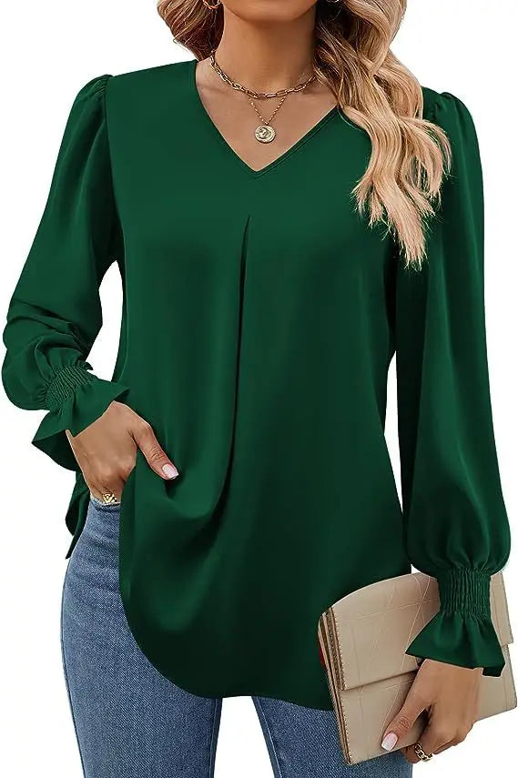 Women's Solid Colour Chiffon Shirt V-neck Long Sleeved Top Elegant Loose Blouse.  S-2X