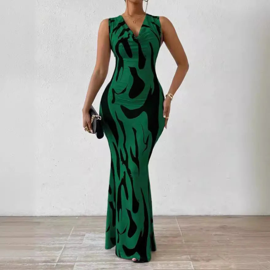 Women Print Dress Sleeveless Slim Fit Long Dress Midi Waist  Elegant Lady Summer Dress. S-2X