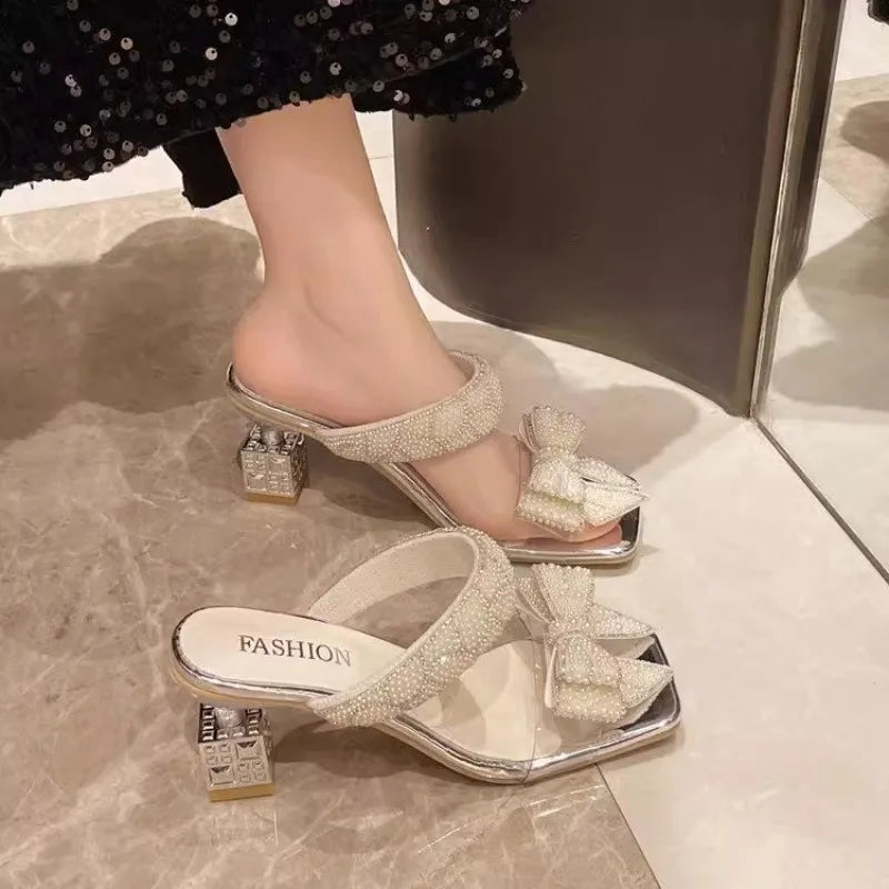 Fashion Women's Square Heel One Kick Sexy Bow Tie Sandals Pearl Banquet Extra-shaped Heel Sandalias De Mujer