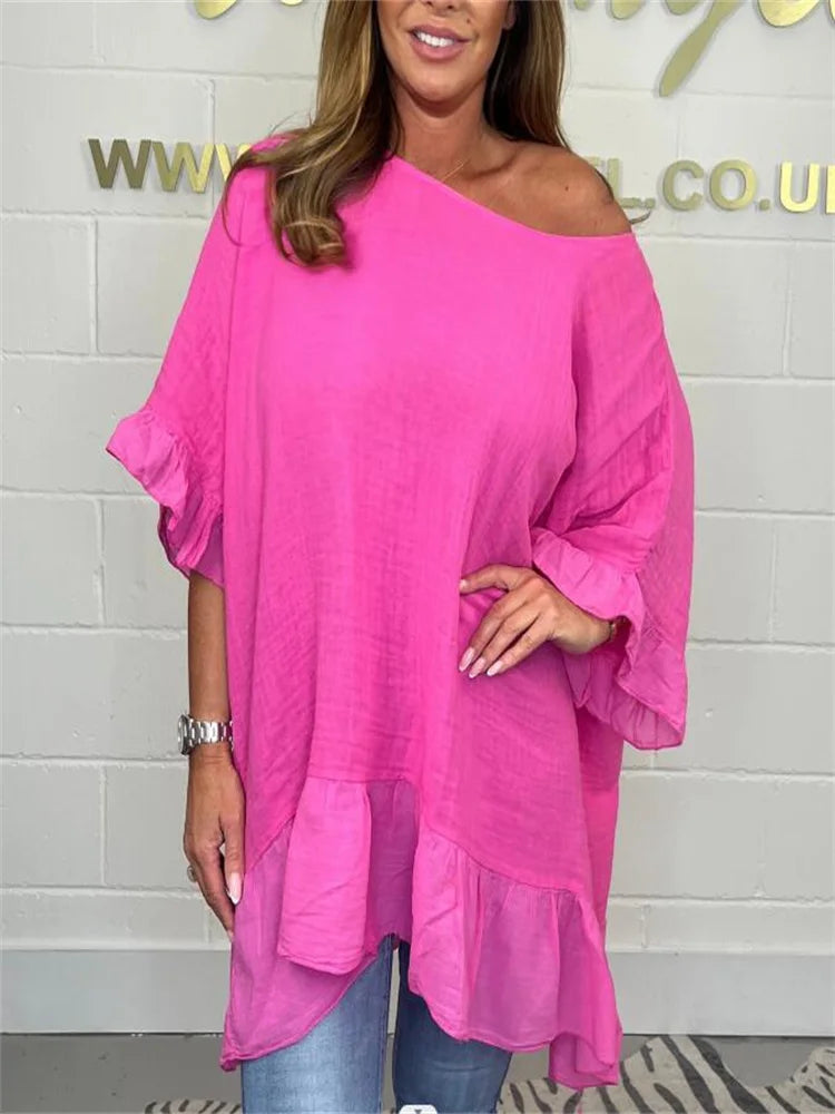 Plus-size women's Blouse ruffled fashion elegant bat sleeve loose solid colour.  L-5X