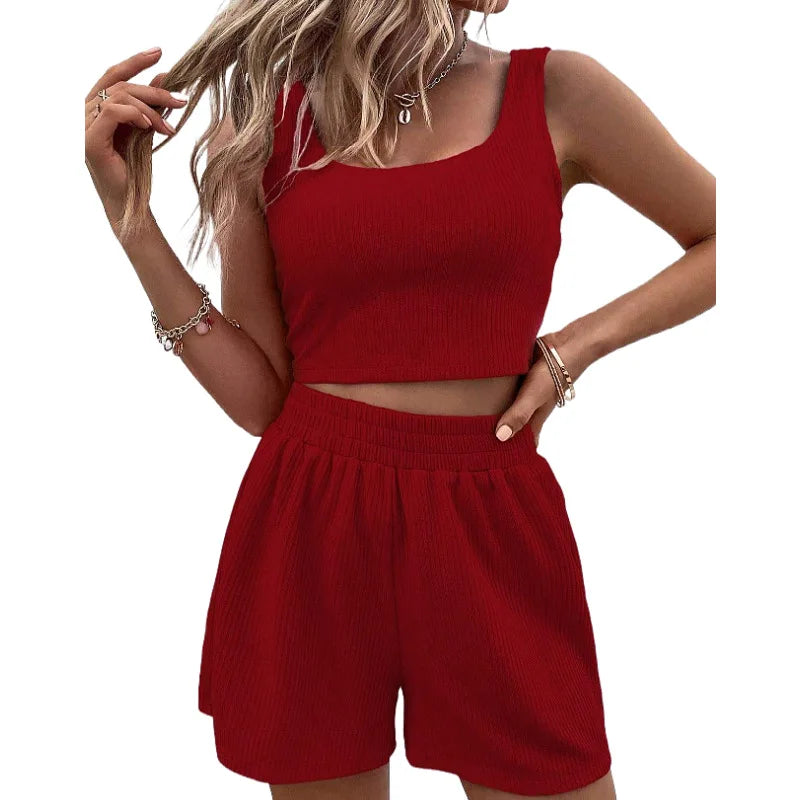 Women's 2 Piece Casual Ribbed Yoga Tank Top High Waist Short Set.  Sz: S-3X