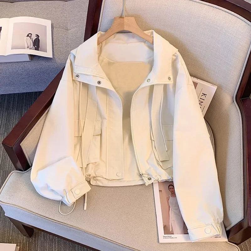 2025 New Spring Women Cropped Hooded Jacket Casual Thin Loose Windbreaker.  S-XL