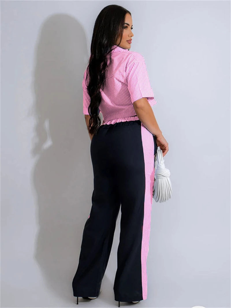 Fashion 2 Piece Women Outfit Striped Shirt Top and Pant Set Casual Sporty Suit.  S-2X