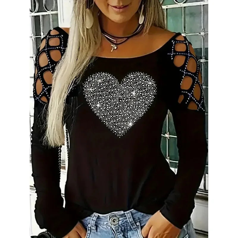 Women's Heart Print Hollow Out Long Sleeve Round Neck Slight Stretch Shirt.  S-2X