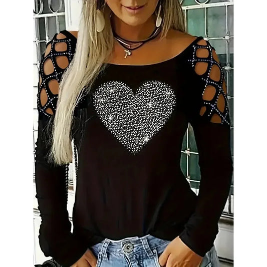 Women's Heart Print Hollow Out Long Sleeve Round Neck Slight Stretch Shirt.  S-2X