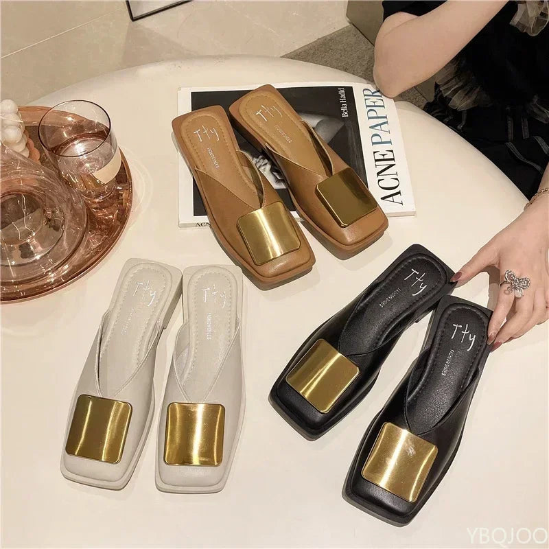 Women Fashion Metal Buckle Mules Flat Heels Square Toe Shallow Slides.