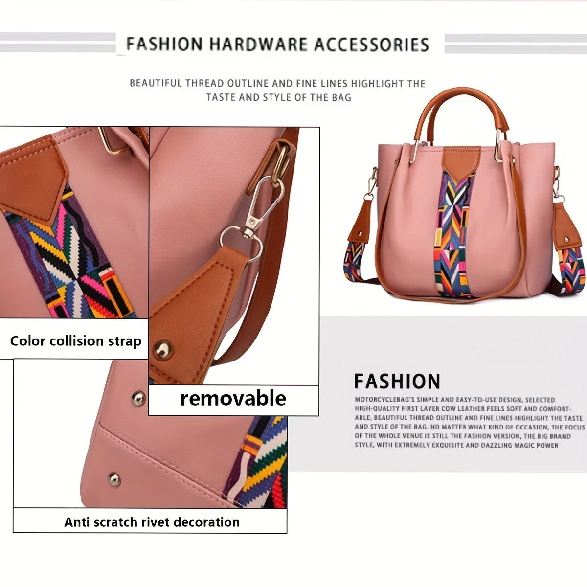 4pc Large Capacity Luxury Women's Shoulder Bag Fashion Coloured Ribbon Patchwork Tote Bag