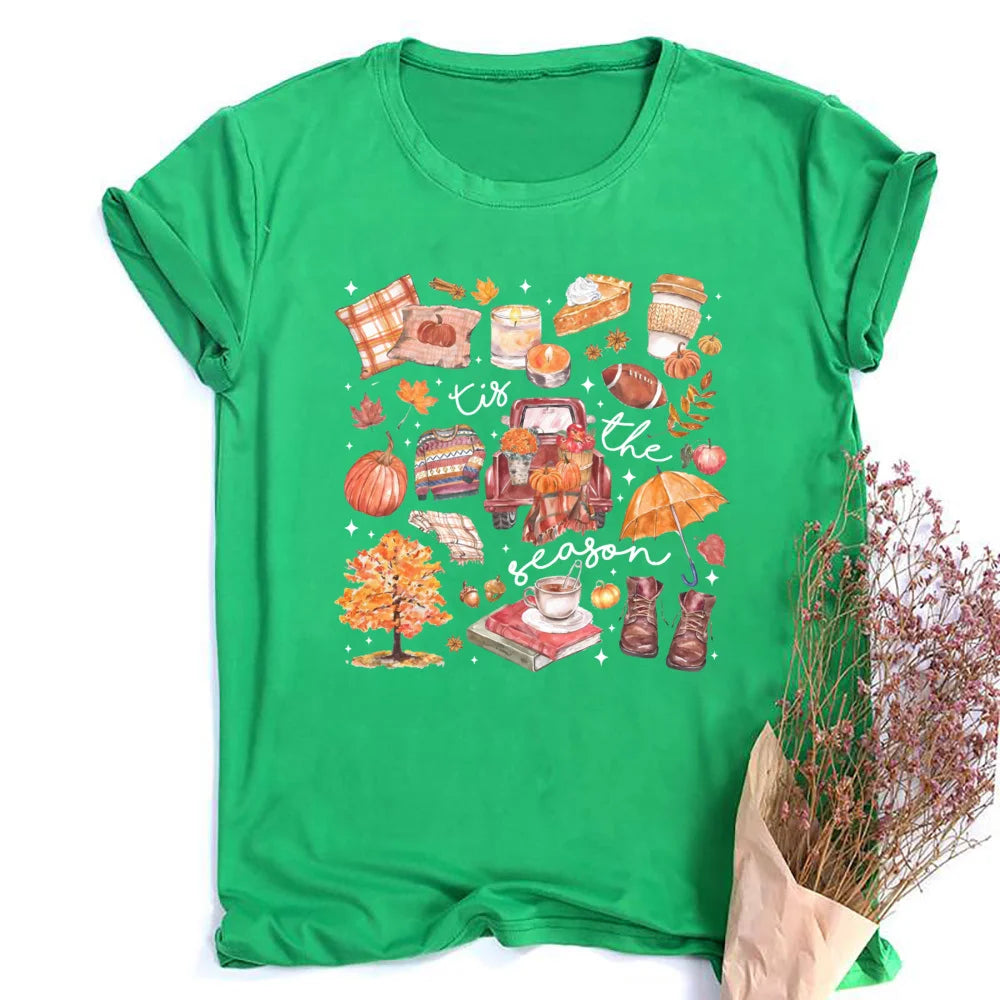 Women's Fall Shirt Pumpkin Season Short Sleeves Fashion Fall Harvest  Tshirt .  S-2X