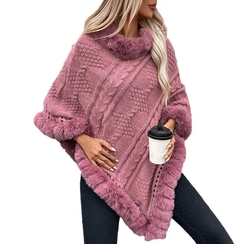 Women's Winter Women's Loose Plus Size Warm Imitation Rabbit Fur Collar Cloak Coarse Dough Twists Sweater Coat
