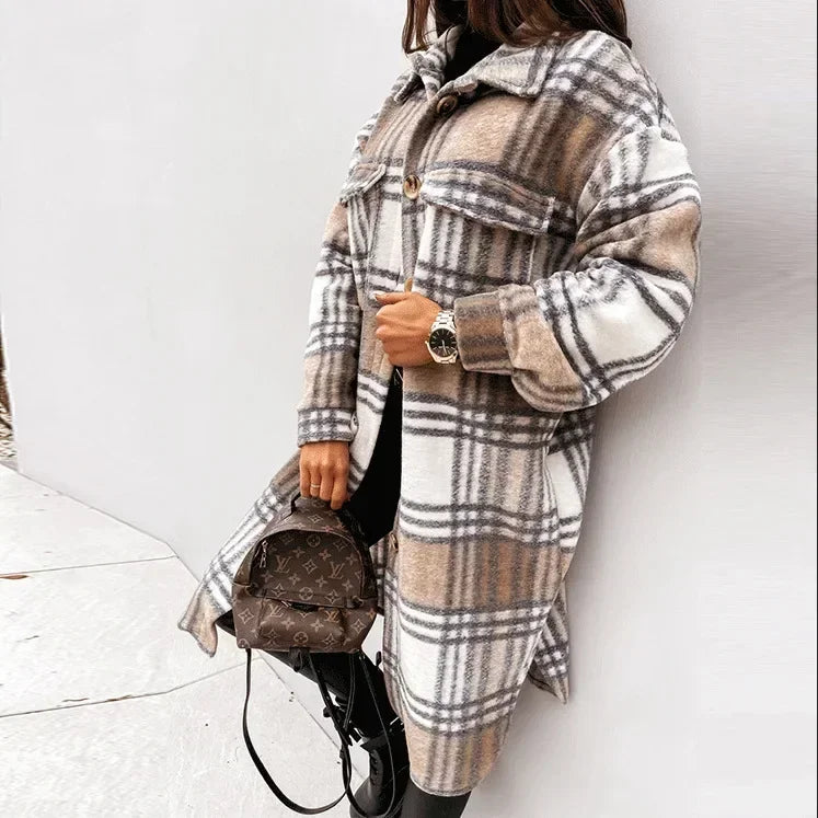 Single Breasted Fashion Long Plaid Overcoat .  S-3X