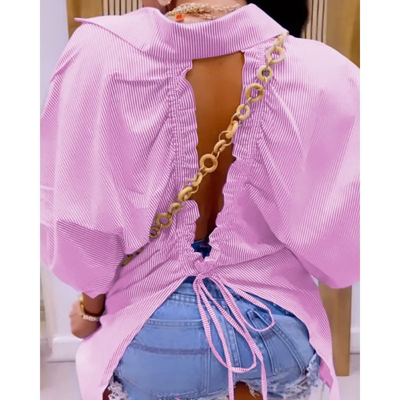 Spring Summer Women's Striped Back Hollow-out Split Drawstring Design Half Sleeves Loose Fit Shirt.