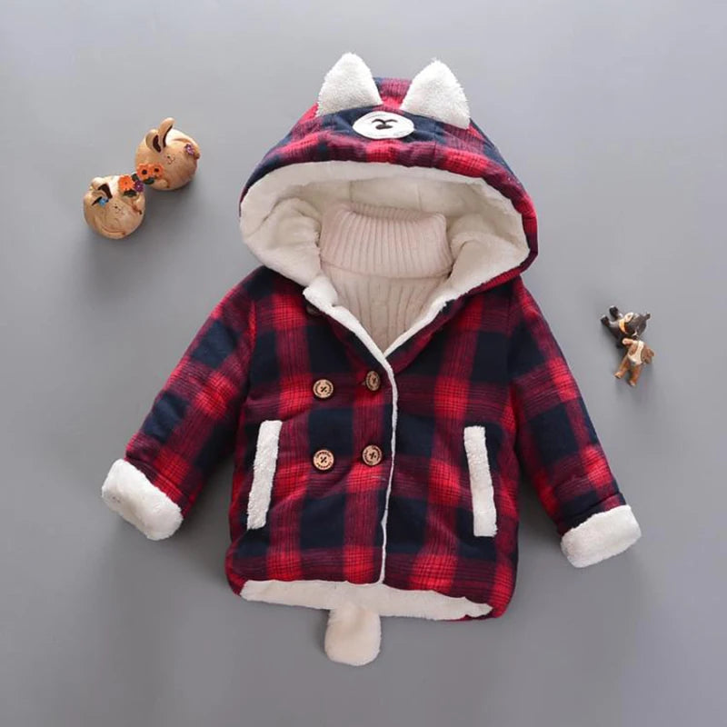 Keep Warm Autumn Winter Boys Coats Cotton Thicken Baby Jacket Fashion Plaid Hooded Children Outerwear 1 2 3 4 Years Kids Clothes
