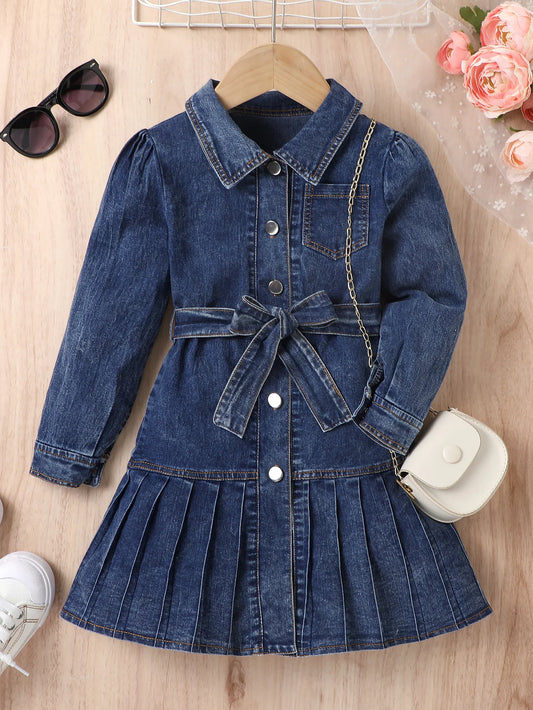 Girls' Long-Sleeve Denim Pleated Dress for Autumn & Winter, Suitable for 3-8y Kids' Daily Wear