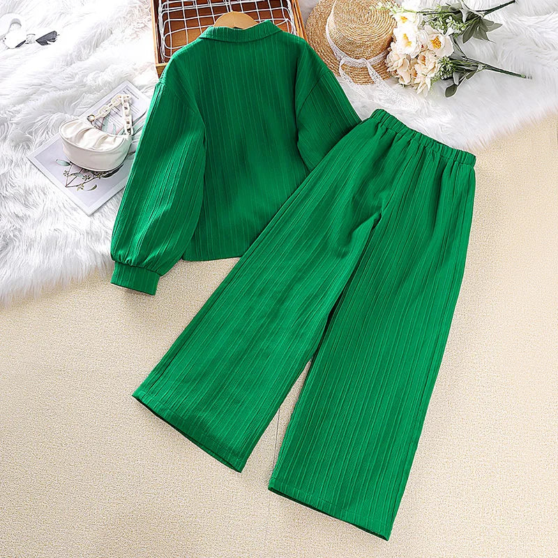 Girls Sets 8-12 Years Green Long-Sleeved Top + Green Pants For Girls Korean Style Suits Summer Casual Clothes Sets
