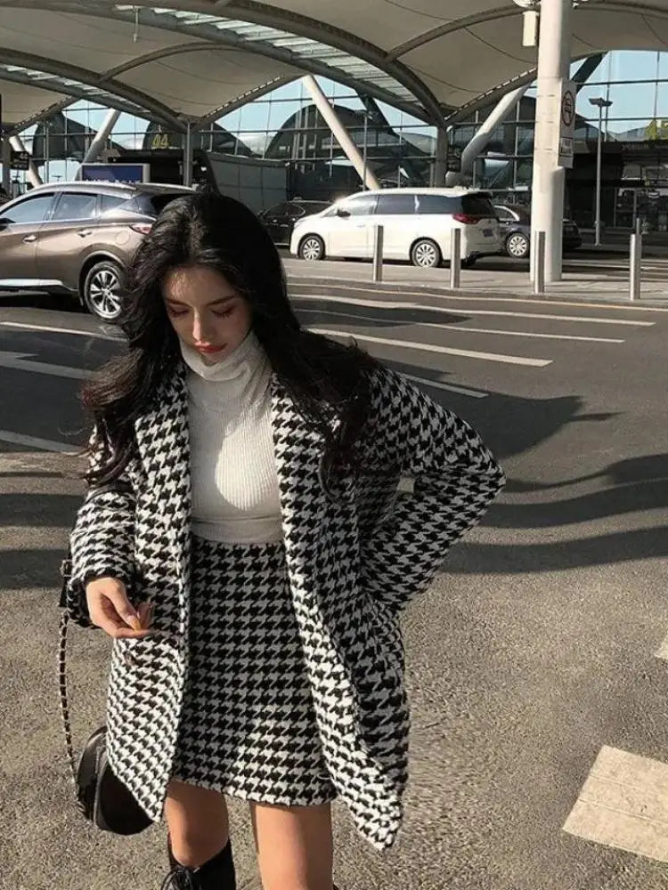 Autumn Winter Plaid Woolen Ladies 2 Piece Set Long Sleeve Suit Coat And High Waist A-line Mini Skirt Outfit