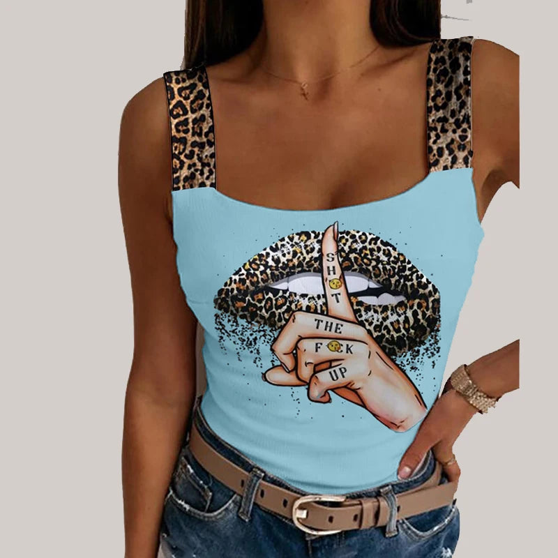 Women's Leopard Lips Print Sleeveless Top. S-3xL