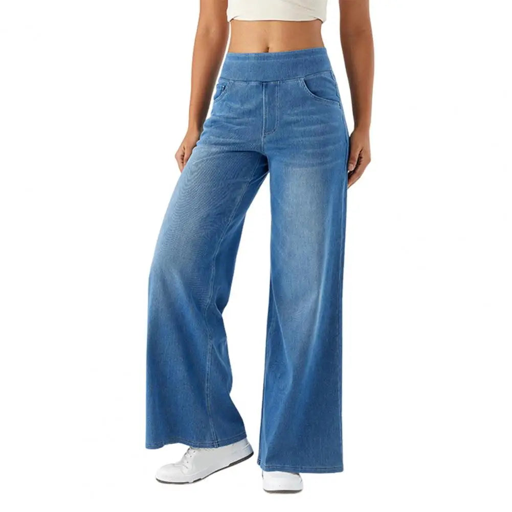 Women's High Waist Wide Leg Jeans - Elastic Waist Denim Pants with Pockets.  XS-XL
