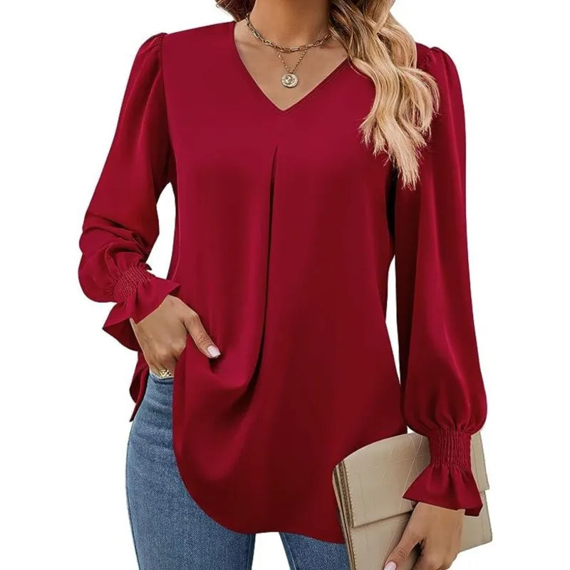 Women's Solid Colour Chiffon Shirt V-neck Long Sleeved Top Elegant Loose Blouse.  S-2X