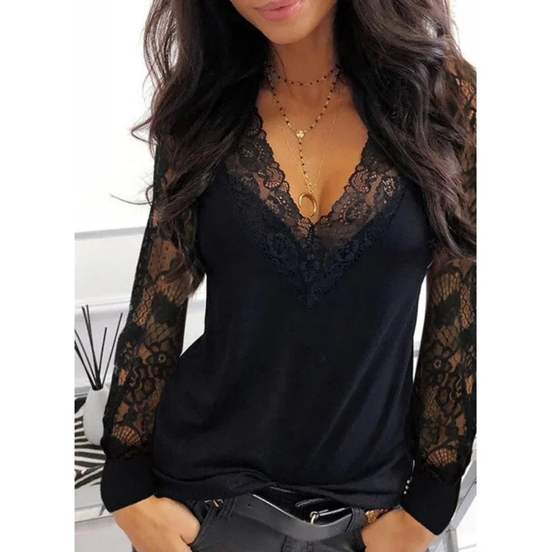 New Ladies Sexy Fashion Lace Slimming V-Neck Shirt.  S-3x