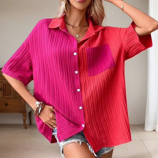 Fashion Chic Single-breasted Shirt Casual Loose Turn Down Collar Contrast Colour Stitching Pocket Short Sleeve Shirt For Women
