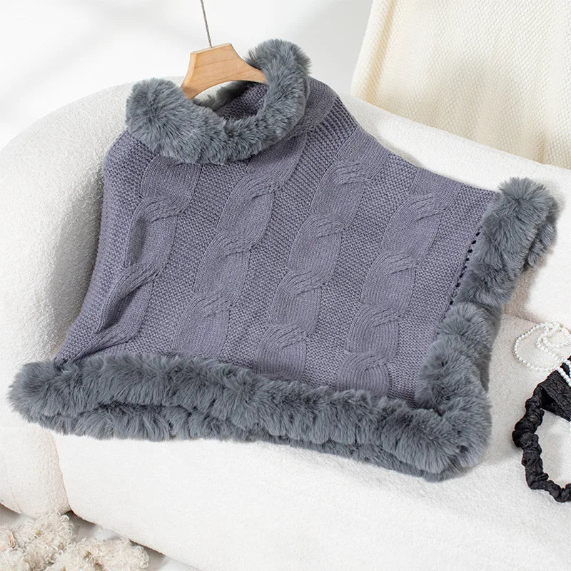 Women Sweater Pullover Fur Collar Cloak Twist Knitted Thick Elegant Splice Autumn Winter Irregularity Poncho