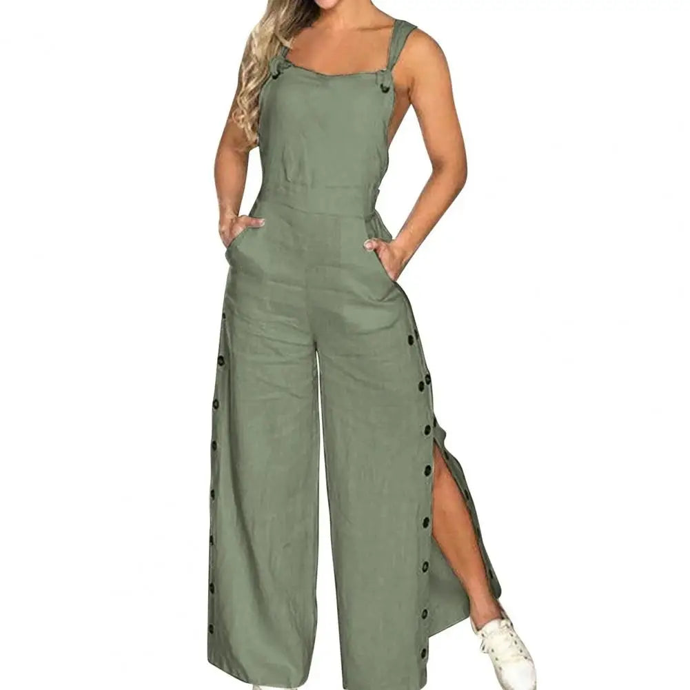Women's Sleeveless Wide Leg Jumpsuit with Side Pockets And Button Closure Solid Colour Loose Fit Romper .  S-2x