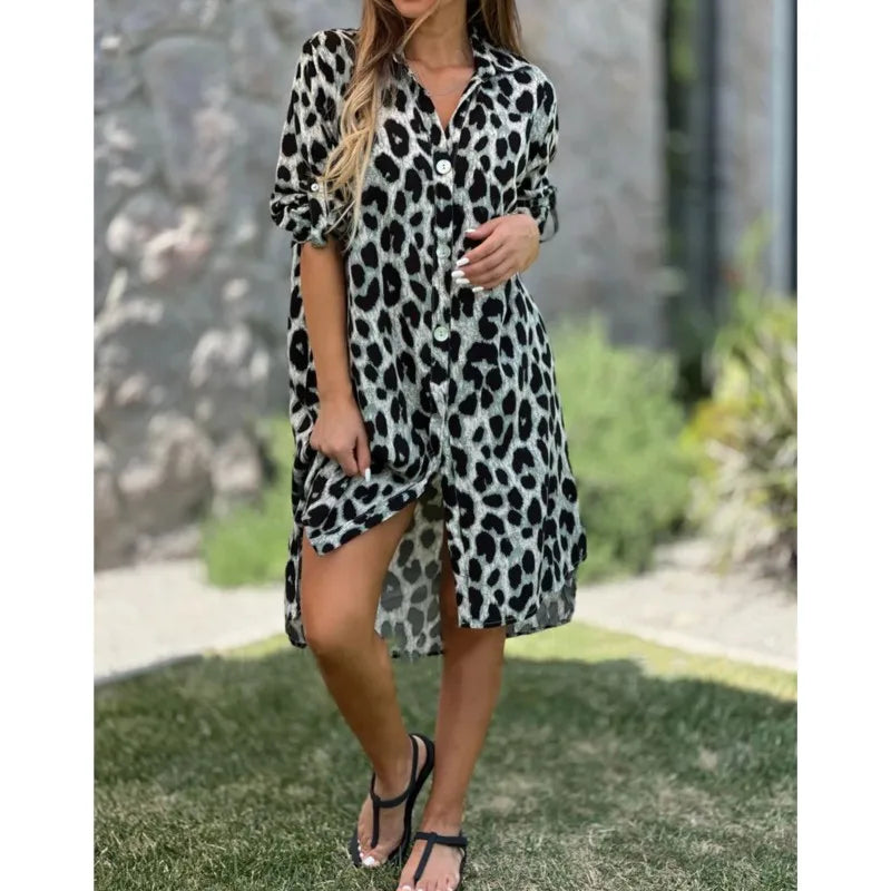 2025 New Elegant Women's Summer Leopard Shirt Dress Spring Casual Fashion Loose Turn Down Collar Mid Calf Straight Long Dress.  S-3X