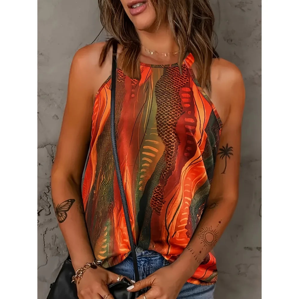 Plus Size 1XL-5XL Women's Print Halter Neck Vintage Sleeveless Halter with Jacquard Cross Solid Strap .  1X-5X