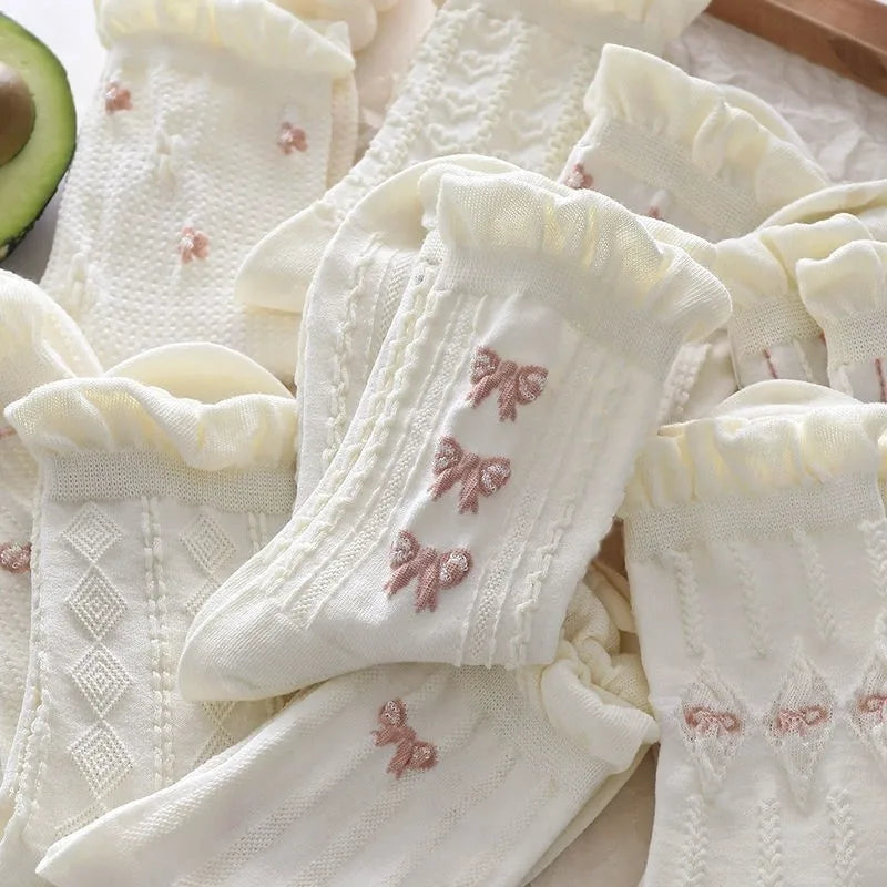 5/10 Pairs Women Lolita Style Mid Tube Socks Fashionable Bow and Small Flower Pattern Spring Summer Cute Sweet Casual Socks