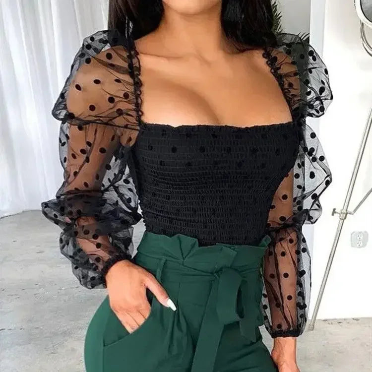 Mesh Puff Long Sleeve Square Neck Crop Top Summer Fall Sexy Blouse .