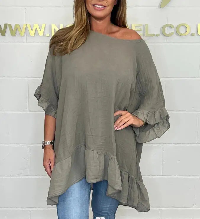 Plus-size women's Blouse ruffled fashion elegant bat sleeve loose solid colour.  L-5X