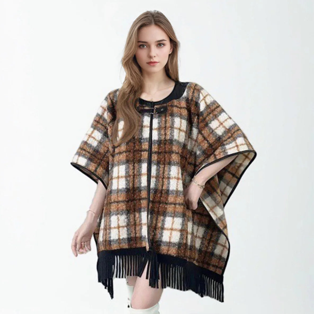 Quality Fashion Classic Leopard Zebra Stripes Like Wool Cape Coat Women Autumn Winter Outerwear Leather Collar.