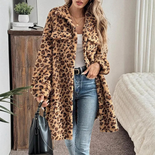 Women Mid Length Leopard Print Coat - Turn Down Collar Warm Autumn Winter S-XL